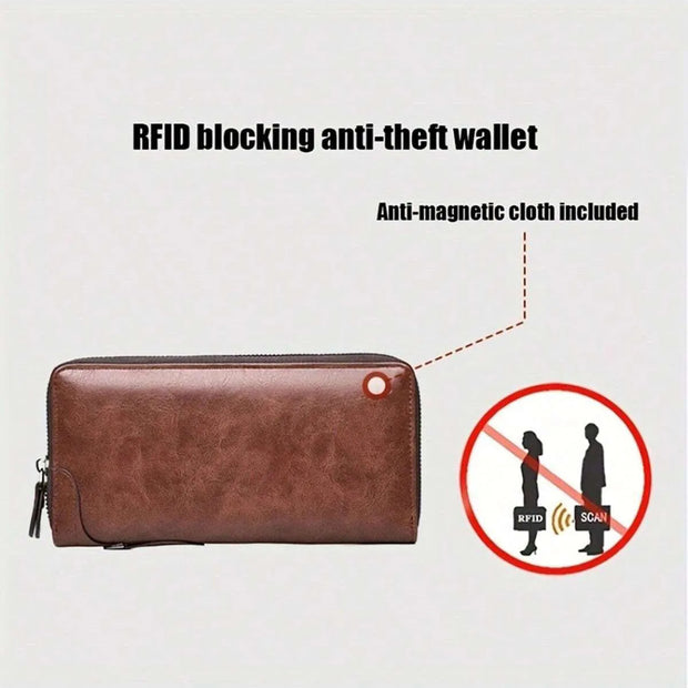 Men's Long Zipper Wallet High Quality Pu Leather Wallet for Men RFID Blocking Business Clutch Bag Credit Card Holder Purse Man