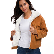 Corduroy lambskin padded long jacket