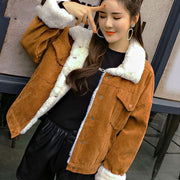 Corduroy lambskin padded long jacket