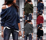 Autumn and Winter Fashion Casual New Slant Collar Long Sleeve Loose T-shirt