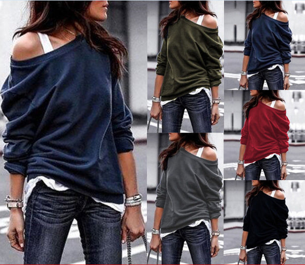 Autumn and Winter Fashion Casual New Slant Collar Long Sleeve Loose T-shirt