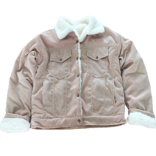 Corduroy lambskin padded long jacket