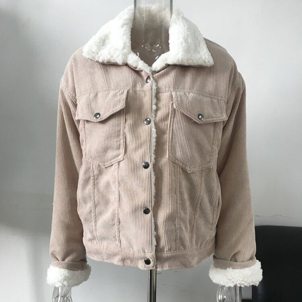 Corduroy lambskin padded long jacket