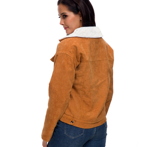 Corduroy lambskin padded long jacket