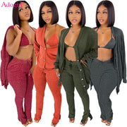 Adogirl Women Solid Sweater 3 Piece Set Lace Up Bra Top Full Sleeve Single Breasted Long Cardigan Split Flare Pants Knitted Suit