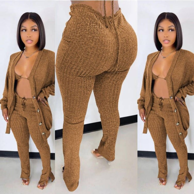 Adogirl Women Solid Sweater 3 Piece Set Lace Up Bra Top Full Sleeve Single Breasted Long Cardigan Split Flare Pants Knitted Suit