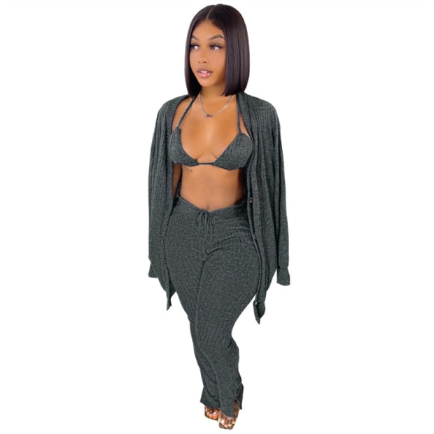 Adogirl Women Solid Sweater 3 Piece Set Lace Up Bra Top Full Sleeve Single Breasted Long Cardigan Split Flare Pants Knitted Suit