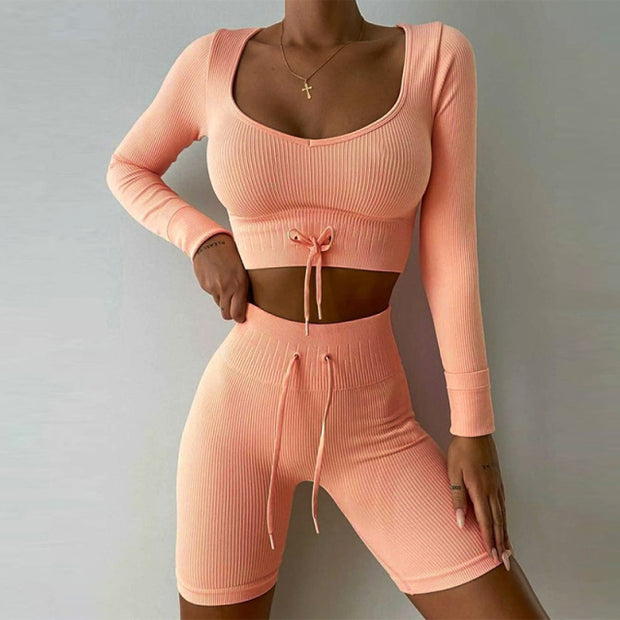 Seamless Yoga Set Women Two Piece Crop Top Long Sleeve Shorts pants Sportsuit Workout Outfit Fitness Female Sport Suit Gym Wear